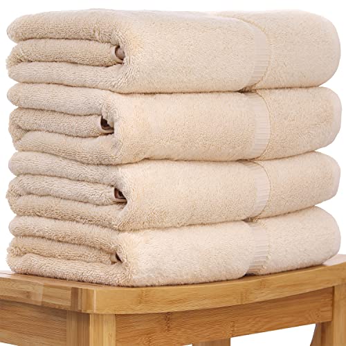 Image of Luxury Hotel & Spa Towel Turkish Cotton Bath Towels - Beige - Dobby Border - Set of 4