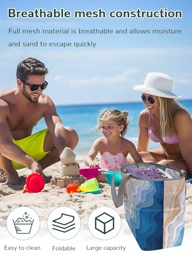 Beach Bags Women Mesh Tote Bag Abstract Blue Beige Gradient Stripe Toy Grocery Pool Bag with Pockets for Travel/Picnic2