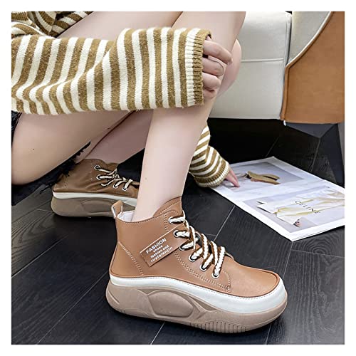 Tzsaixeh Women Heightening Thick Sole Shoes, Wide Width Trendy Heightening Chunky Leather Ankle Booties Platform Shoes (Color : Brown, Size : 8)3