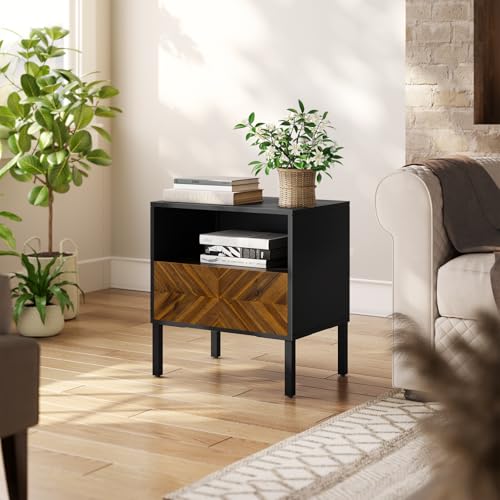 Image of Bme Vivian Side Tables Bedroom, Solid Wood Bed Side Table, Mid Century Modern End Table with Drawer, Herringbone Pattern, Compact for Bedroom & Living Room, Easy Assembly, Chestnut