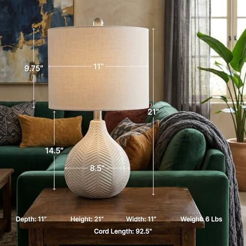 Signature Design by Ashley Rainermen Casual Ceramic Table Lamp, Transparent White Glaze Finish, Drum Hardback Fabric Shade, 11" W x 11" D x 21" H, Off White - Image 3
