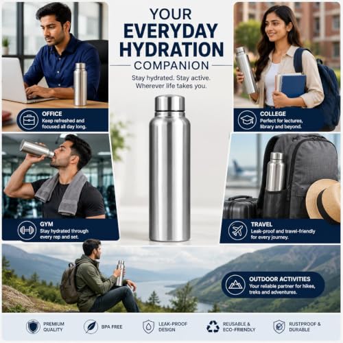 Image of TREVIO 1 Litre Stainless Steel Water Bottle, 304 Grade Food-Grade Steel Bottle with Airtight Leak-Proof Screw Cap, Wide Mouth, Rustproof Reusable Water Bottle for Office, Home, College & Travel (3)
