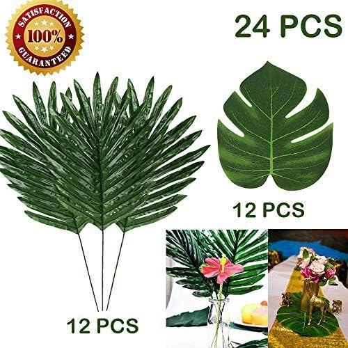 24 Pcs 2 Kinds Artificial Palm Leaves Tropical Leaves Safari Hawaiian Luau Party Suppliers Decorations,Tiki Aloha Jungle Beach Birthday Table Leave Decorations