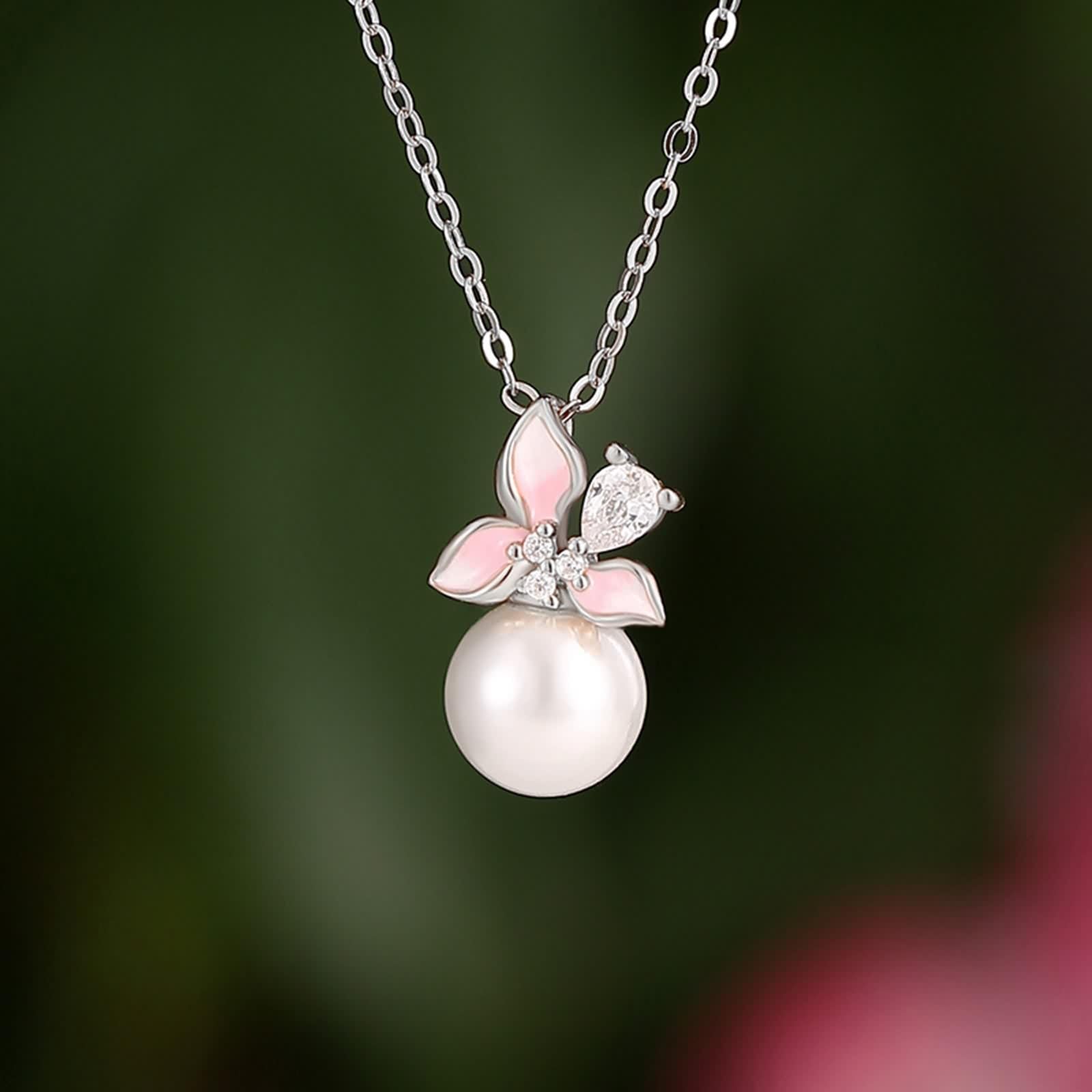 Collana Perla Donna, Collane Lunghe Eleganti Ciondolo Catenina Gioielli Oro Bianco 9K/14K/18K con Moissanite Perle di Fiori 40+5cm