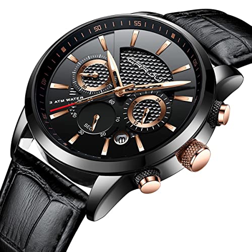 Image of CRRJU Men's Business Casual Chronograph Quartz Waterproof Wristwatch Black Leather Strap