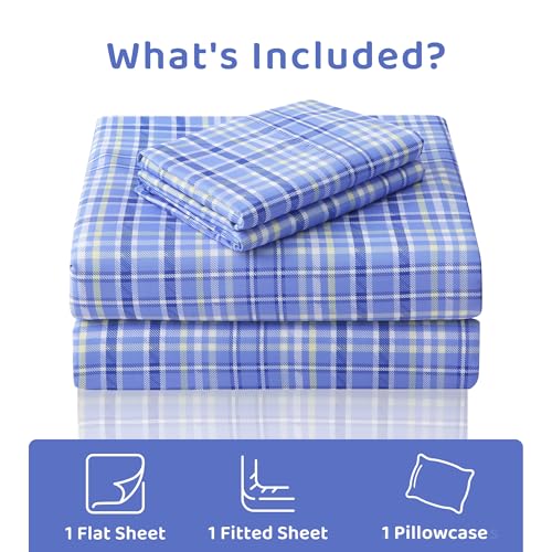 Image of Mooreeke Cozy Plaid Microfiber Printed Twin Sheet Set - Soft & Breathable Purple Yellow Plaid Bed Sheets with Extra Deep Pocket - Non-Slip Fitted Design - Purple Yellow Square Plaid Pattern - Twin