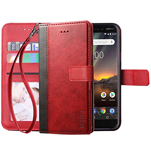 Nokia 6.1 2018 Case,Nokia 6 2018 Case,(Not for Nokia 6 2017 ),RUIHUI Leather Wallet Folding Flip Protective Case Cover with Card Slots,Kickstand Feature and Magnetic Closure[Wrist Strap Edition],Red