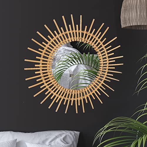 Outlavish Rattan Sun Burst Mirror Wall Decor Boho Round Woven Wicker Hanging Gold Large (Sun 23.6")