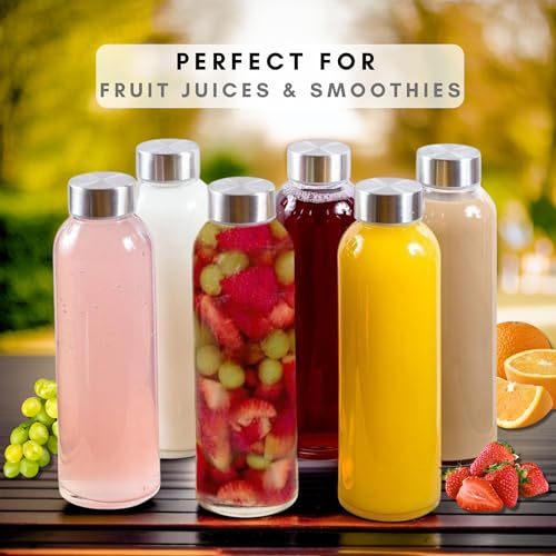 Brieftons Clear Glass Water Bottles With Caps: 6 Pack, 18 Oz Premium Soda Lime, Reusable Drinking Bottle, Sauce Jar, Juice Beverage Container, Kefir Kit, With Leakproof Lids and Cleaning Brush