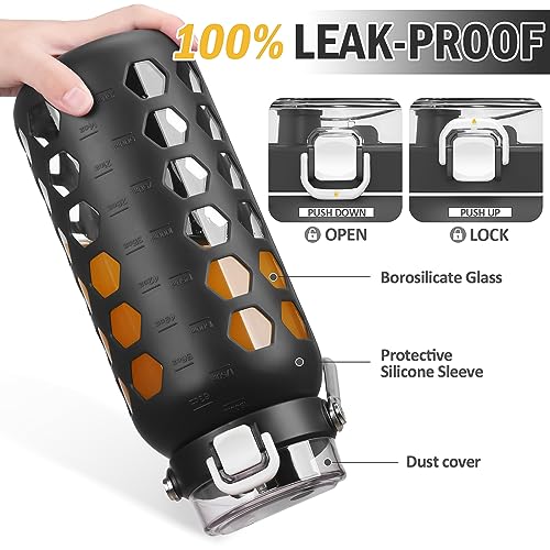 MUKOKO 64oz Glass Water Bottles with Straw and Lid,Half Gallon Water Bottle with Time Marker,Large Glass Water Jug with Silicone Sleeve and Stainless Steel Handle-Black - Image 5