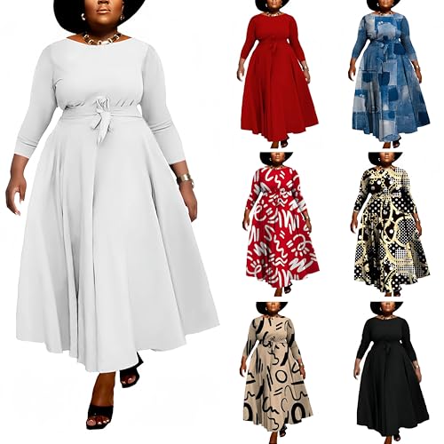 Image of Hostoyo Women Plus Size Formal A Line Maxi Dress Self Tie Waist with Pockets Elegant Round Neck Swing Long Dresses