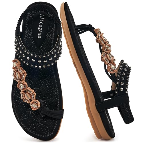 Image of Alicegana Womens Sandals Dressy Flats: Bohemian Summer Comfortable Split Toe Shoes Walking Vacation Gladiator 2026