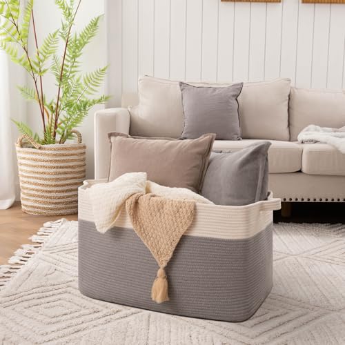 Image of OIAHOMY Extra Large Blanket Basket, 95L Cotton Rope Woven Laundry Basket, Toy Bin for Baby Room, Container for Blanket Storage in Living Room, 24''x17''x14'', Grey & White