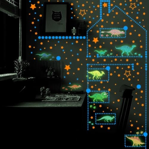 Calcomanías de pared de dinosaurio que brillan en la oscuridad, calcomanías de vinilo fluorescente extraíbles para patrones geométricos modernos para decoración de habitación de niños, guardería