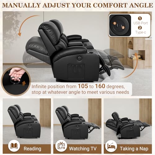 Image of CHABATREE Home Theater Seating,RV Recliner Sofa with Massage and Heat,Manual RV Recliner Loveseat with USB /Cup Holders and Side Pocket for Living Room,Loveseat Black