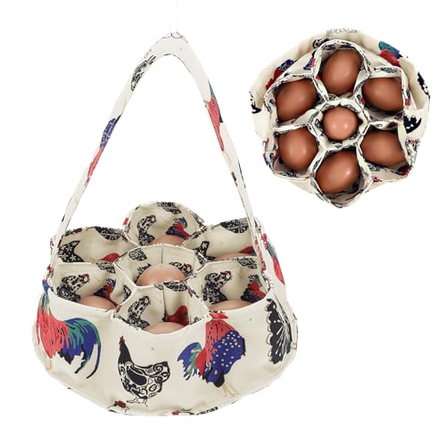 Mabor Chicken Egg Collecting Basket, 7 Pouches Chicken Eggs Basket for Gathering Fresh Chick Egg Holder Countertop Gifts for Duck Goose Carton Carrier - Beige Canvas
