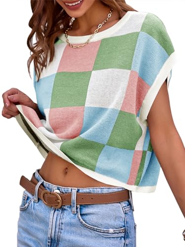 Image of Saodimallsu Womens Cap Sleeve Crop Tops Summer Color Block Going Out Crew Neck Knit Trendy Casual Sweater