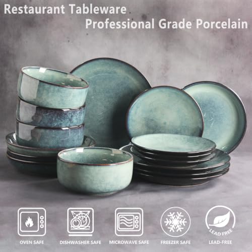 Image of Ceramic Dinnerware (16 pcs) Serve 4 people, Plates and Bowls Sets, Reactive Glaze Dishes Set, Chip Resistant and Scratch Resistant, Dishwasher Microwave Safe, Suitable for dinner, parties