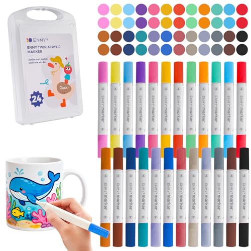 OCCOUMR Lot de 24 feutres de peinture pour porcelaine avec double pointe en 24 couleurs, marqueurs acryliques avec pointe fine et pinceau, feutres pour peindre des...