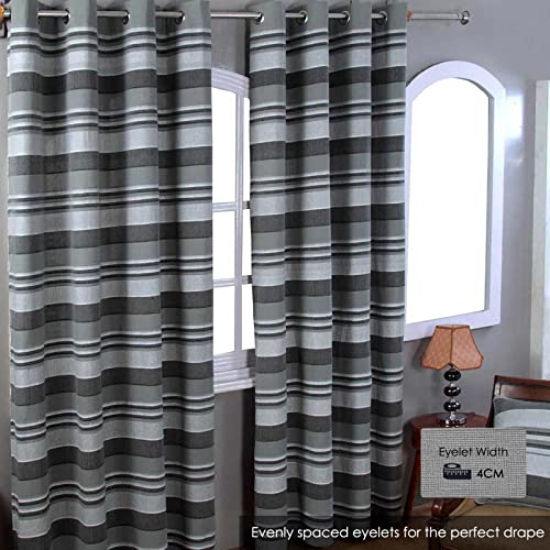 HOMESCAPES Charcoal Grey Eyelet Curtain Pair 137cm (54") Wide x 137cm (54") Drop Morocco Stripe Design Ring Top Curtain Pair - Image 3