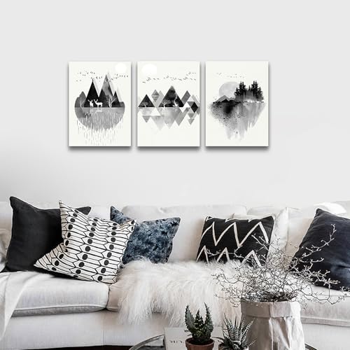 DZRWUBHS Large Abstract Wall Art For Living Room Canvas Wall Decor For Office Bedroom Decorations Wall Pictures Prints Artwork Black And White Mountain Geometric Wall Painting Home Decor 3 Pieces