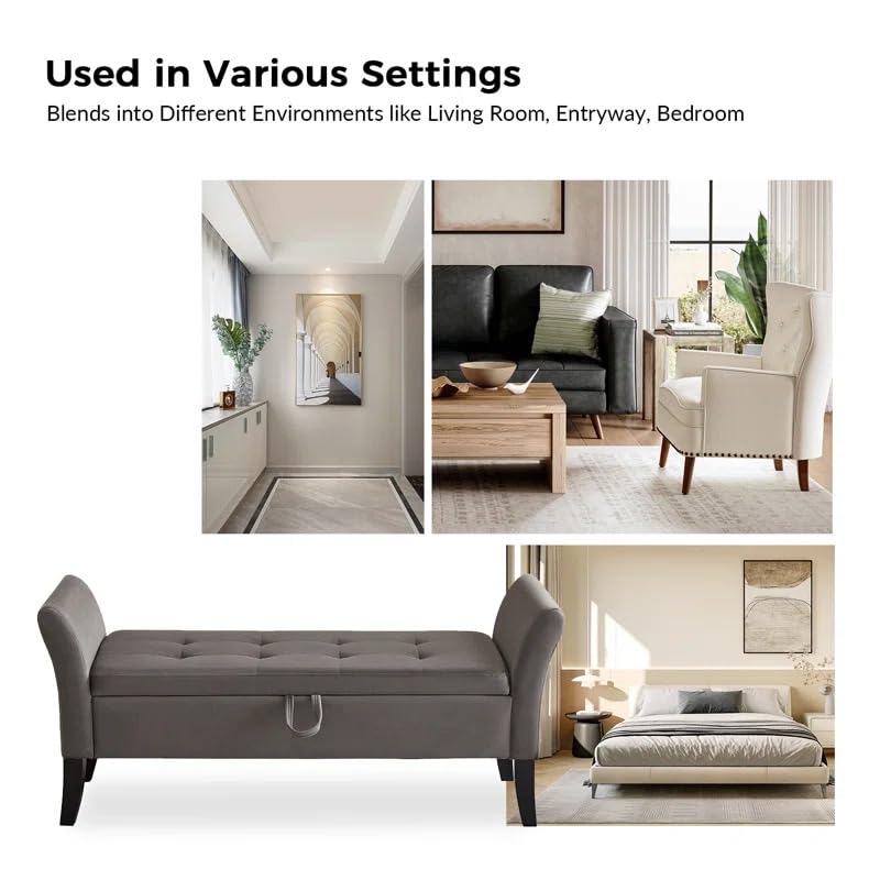 Image of 2 Seater Storage Ottoman Bench with Armrests | Upholstered Tufted Sofa Bench with Hidden Storage | Bedroom Living Room Entryway Seating | Modern End of Bed Bench Footrest Lounge Seat | Grey