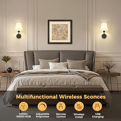 Image of DORESshop Battery Operated Wall Sconce Set of 2, Wall Light Wireless Easy to Install, Dimmable and Adjustable Sconces Wall Decor, Rechargeable Wall Lamp for Bedroom, Living Room, Black 13.8in