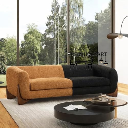 Image of Upholstered 3 Seater Sofa Three Seater Sofa with Wooden Legs for Living Room Hotels & Offices (Boucle Black & Camel)