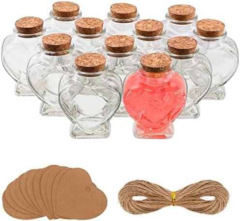BELLE VOUS 12 Pack of Heart-Shaped Glass Bottles - 150ml/5oz Clear Glass Jars with Cork Stopper Lids, Heart Label Tags and String - Favour Bottles for Wedding Party, DIY Decoration & Wishing Messages