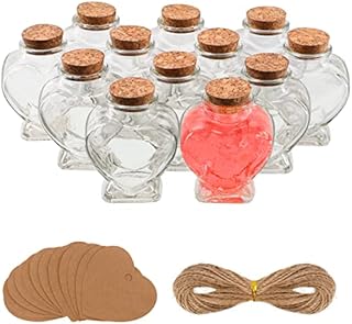 BELLE VOUS 12 Pack of Heart-Shaped Glass Bottles - 150ml/5oz Clear Glass Jars with Cork Stopper Lids, Heart Label Tags and String - Favour Bottles for Wedding Party, DIY Decoration & Wishing Messages