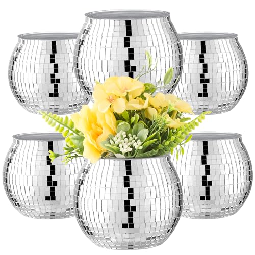 Image of 6 Pcs Disco Ball Vase Disco Ball Planter for Centerpieces Disco Ball Decor Flower Vase with Silver Mirror Glass for Wedding, Birthday, Party (4 inch X 4.7 inch)