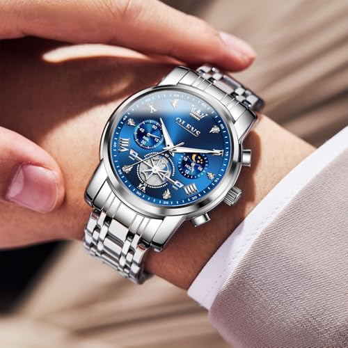 Image of OLEVS Men Watches Stainless Steel Chronograph Watch, Large Wrist Analog Quartz Watch, Fashion Waterproof Diamond Roman Numerals Dress Watches for Men, Gold /Black /White /Blue /Grey Dial