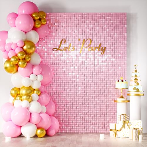 Image of COKAOBE Baby Pink Shimmer Wall Backdrop, 24PCS Square Sequin Shimmer Backdrop Panel, Photo Backdrops for Birthday, Anniversary, Wedding, Graduation & Bachelorette Party Decoration