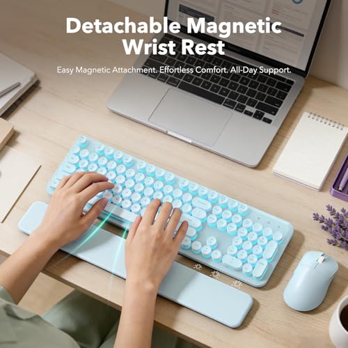 Image of Wireless Keyboard and Mouse Combo, Backlit Round Keycaps, Retro Typewriter Keyboard with Detachable Wrist Rest, Rechargeable & Tilt Legs, 2.4GHz Cordless Connection for Windows /PC (Glowing Blue)