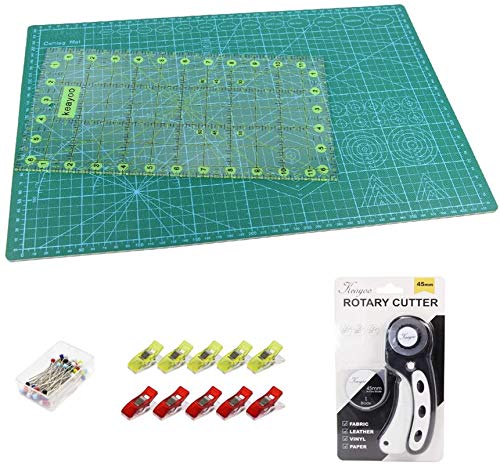 KEAYOO 45mm Rotary Cutter Quilting Kit,Quilting Supplies,A3 Cutting Mat Set of 6 (Ruler in inches),Ideal for Crafting, Sewing, Patchworking, Crochet & Knitting