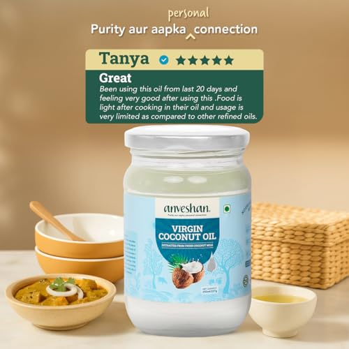 Image of Anveshan Cold Pressed Virgin Coconut Oil 250ML | Glass Jar | Unrefined Cold Pressed Virgin Coconut Oil, Naturally Cholesterol Free, Kolhu /Kacchi Ghani /Mara Chekku /Ganuga, Rich Aroma & Flavour of Real Coconuts, A1 Grade Coconuts