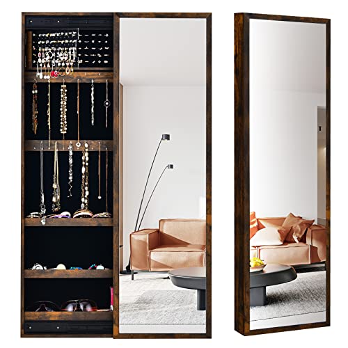 GOPLUS Armoire à Bijoux, Organisateur de Bijoux avec Miroir, Armoire de Toilette avec Porte Coulissant, Range-Bijoux Fixé au Mur Ou sur la Porte Suspendu, pour les Chambres, Salons, Vestiaires (Noyer)
