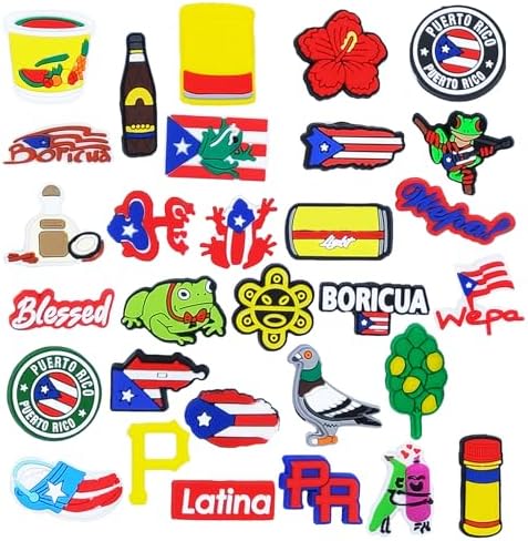 Felvjiaa 30pcs Puerto Rico Charms, Puerto Rican Boricua Shoe Charms,Shoe or Bag Jewelry Decoration,Accessories Pins for Boys Girls Teens Party Birthday Gifts