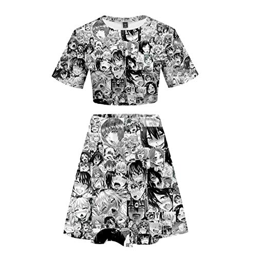 Las Mujeres del Verano 3D de Dibujos Animados Ahegao Impreso Dos Piezas Conjunto Pijamas de Manga Corta Camiseta + Falda Traje de Baile Divertido (1,S)