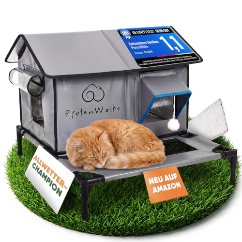 PfotenWolke Katzenhaus Outdoor Winterfest Isoliert | Inkl. selbstheizender Katzendecke, 100% wasserdichte Katzenhöhle, Katzenhütte draußen auch für XXL Katzen | Katzenmöbel | Katzen Höhle Haus