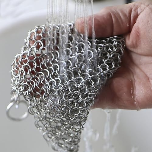 Image of 8 inchx6 inch Cast Iron Scrubber Stainless Steel Chainmail Cleaner for Pre-Seasoned Pans, Griddles, BBQ Grill and Pot Cookware Cleaning (Pack of 2)