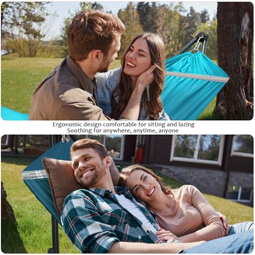 Image of Tranquillo Ultimate Relaxation Portable Hammock Stand with Cotton Canvas Net, Spreader Bar, Quick Fold Unfold in 30 Seconds Steel Frame Hammock 600 lbs Capacity Outdoor, Blue