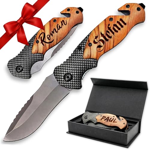 Pixelstudio Messer mit Gravur Taschenmesser Zweihandmesser LEGAL in Deutschland Klappmesser mit Holzgriff. Geschenk für Männer