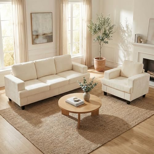Image of Mjkone 2 Pieces Living Room Sofa Sets, 82 inch Width 3 Seater Sofas Couch and Chair Set, Sofas Couches Living Room Furniture Sets, Sectional Couch Set for Home Office, 3-Seat Sofa + Armchair, Beige