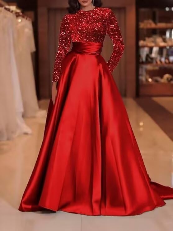 Long Sleeve Sequin Prom Dress for Women Sparkly A Line Formal Party Dresses Satin Evening Gowns LL-M0093