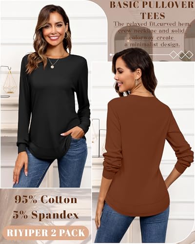 Riyiper 2 Pack Women's Crew Neck Sweatshirts, Cotton Long Sleeve Casual Shirts Loose Fit Tunic Tops Plain Basic Pullover Tees4