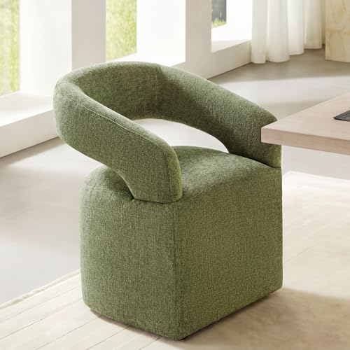Image of KISLOT Upholstered Dining Chairs Set of 1, Modern Arm Kitchen & Dining Room Chairs with Hidden Casters, Linen Fabric Padded Rolling Chairs, Sturdy Wood Frame, 300 lbs Capacity, Moss Green