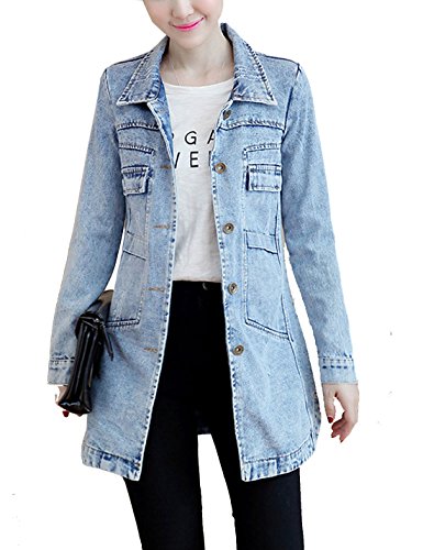 Yeokou Women's Casual Slim Fit Mid Long Button Down Jean Denim Jacket Coat Tops (Medium, Light Blue)