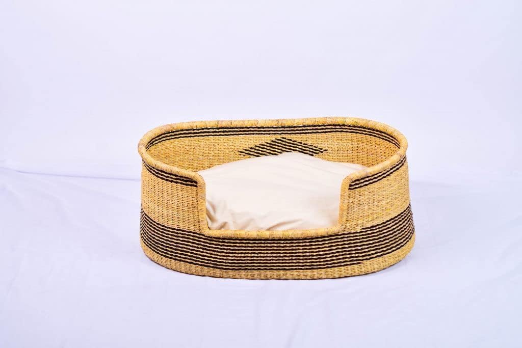Woven Dog Bed- Dog Basket with 3 inches Thick Pad- Bolga Pet Wicker Basket-10x15x24 in-African Basket for Puppy