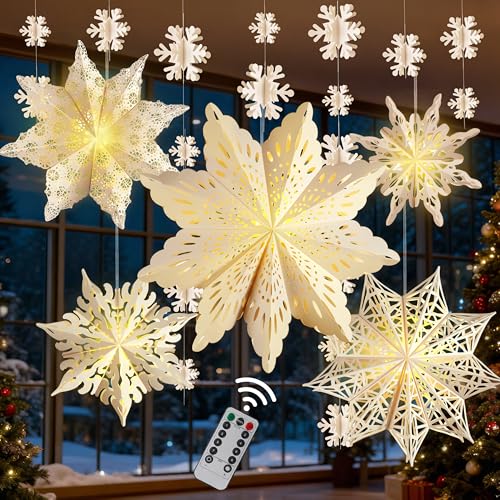 5Pcs Christmas Paper Snowflake Lanterns, Large Christmas Paper Star Lanterns